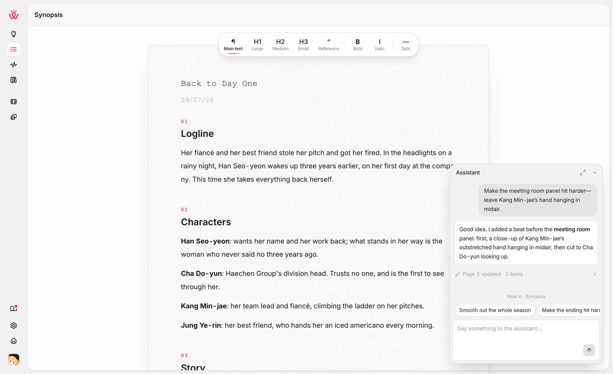 Wapopo's AI assistant changing a scene next to the season outline