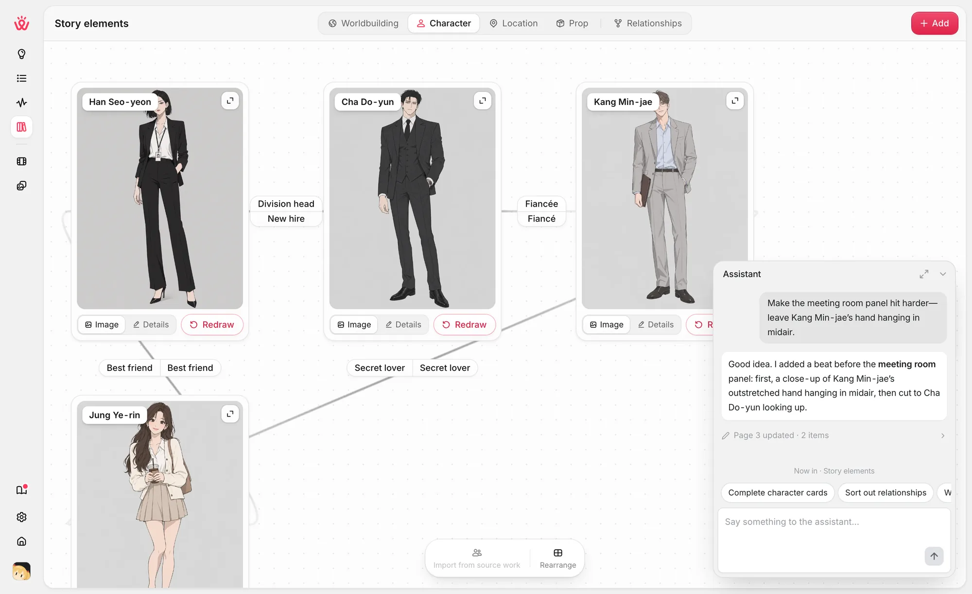 Character cards the agent keeps for the whole series