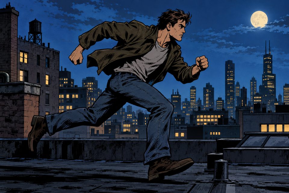 Sample panel in the Wapopo American comic style: a young man sprinting across a city rooftop at night, bold ink and flat color