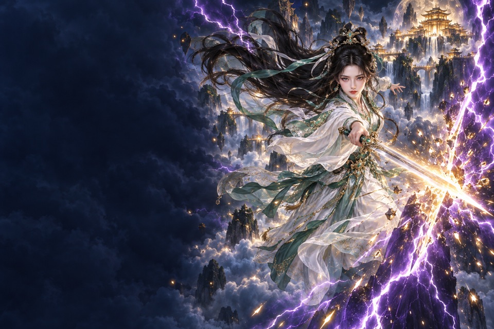 Sample scene in the Wapopo Chinese xianxia style: painterly ancient costumes and glowing light effects